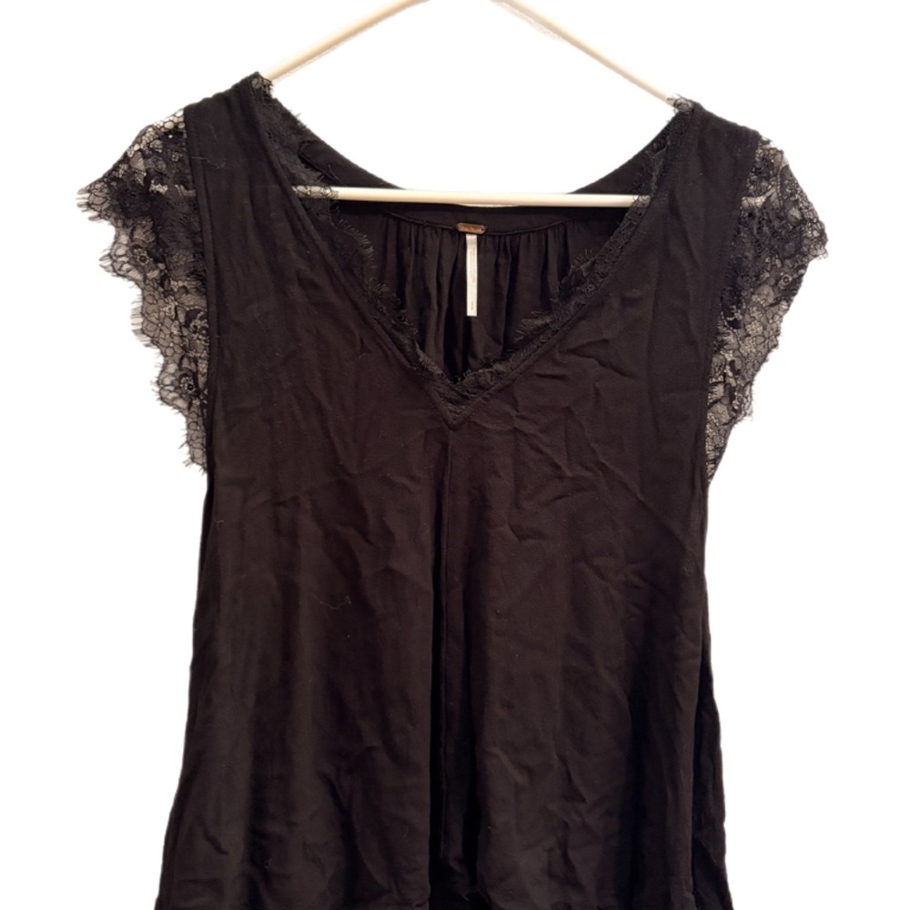 Free People Black Frayed Edge Top